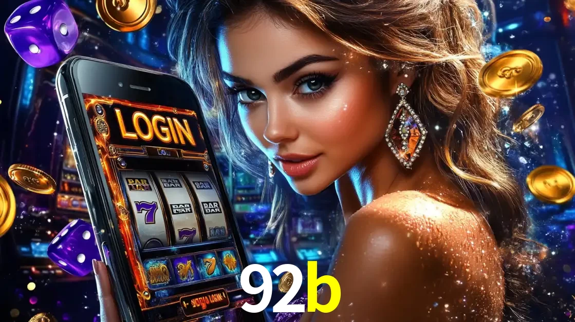 Mulher glamorosa segurando um smartphone com a tela de login para os jogos de caça-níqueis do cassino online 92b, com moedas de ouro e dados ao redor.