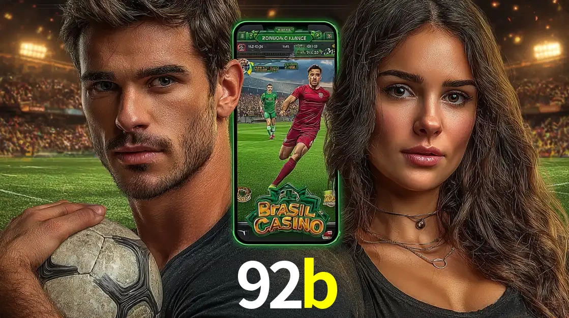 Homem segurando uma bola de futebol e uma mulher ao lado de um smartphone exibindo o jogo de apostas esportivas da 92b. Faça seu palpite no cassino online.